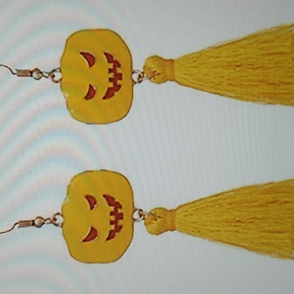 Pumpkin w Tassels Halloween Earrings in Yellow & Red Enamal 3.35  inchs long.